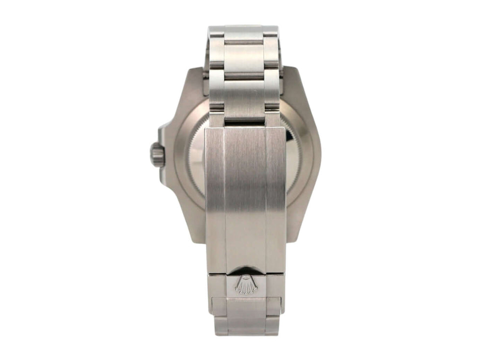 Rolex Submariner Date 116610LV Edelstahl Gehäuse und Band von hinten, Uhr 40 mm Durchmesser, 2019 Modell.