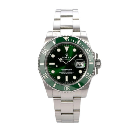 Rolex Submariner Date 116610LV mit grünem Zifferblatt und Edelstahlarmband, 40 mm Durchmesser, Automatikwerk.