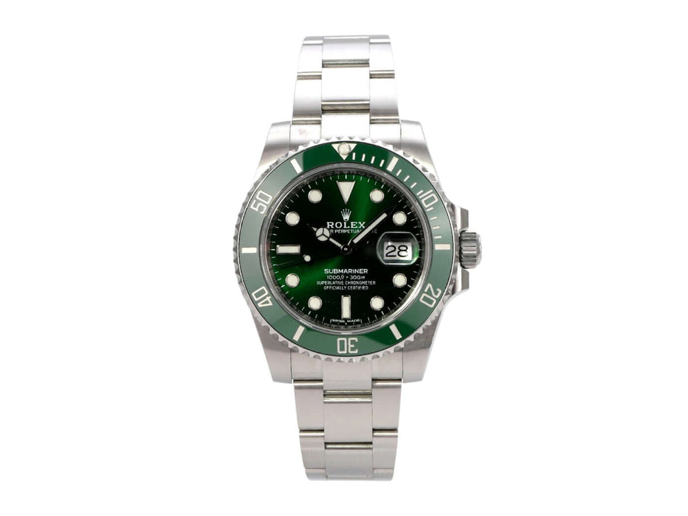 Rolex Submariner Date 116610LV mit grünem Zifferblatt und Edelstahlarmband, 40 mm Durchmesser, Automatikwerk.