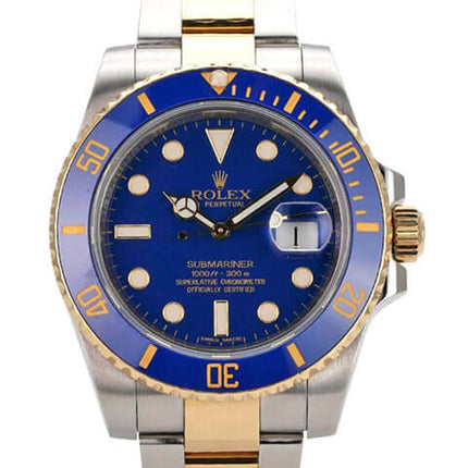 Rolex Submariner Date 116613LB Edelstahl Gelbgold mit blauem Zifferblatt und gelbgoldener Lünette.