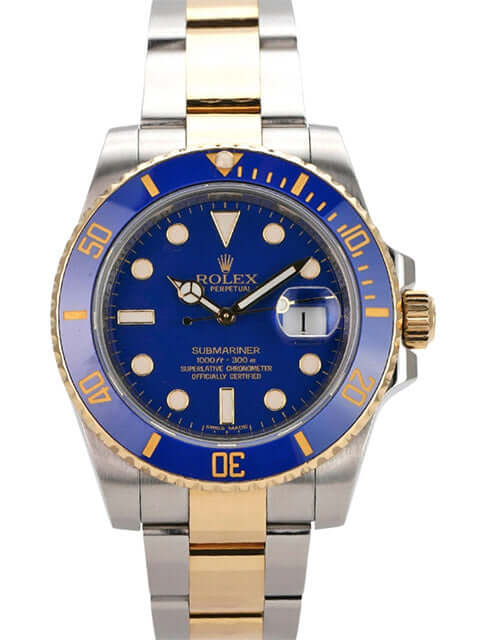 Rolex Submariner Date 116613LB Edelstahl Gelbgold mit blauem Zifferblatt und gelbgoldener Lünette.