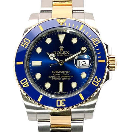 Rolex Submariner Date 116613LB Edelstahl Gelbgold mit blauem Zifferblatt und drehbarer Lünette aus 18 Karat Gelbgold.