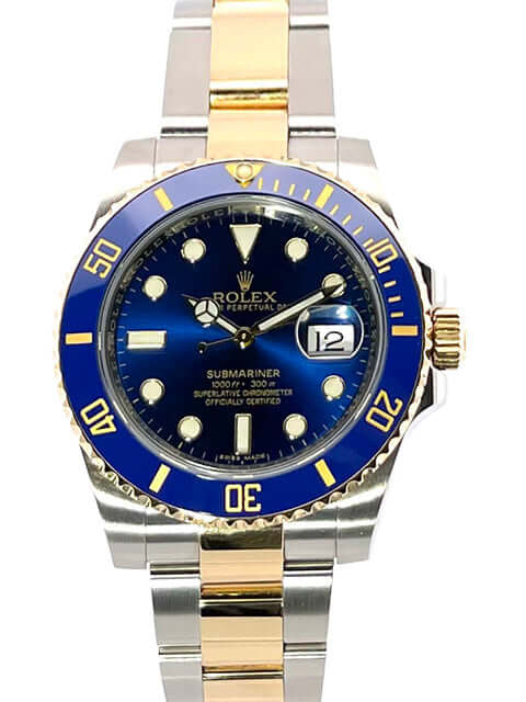 Rolex Submariner Date 116613LB Edelstahl Gelbgold mit blauem Zifferblatt und drehbarer Lünette aus 18 Karat Gelbgold.
