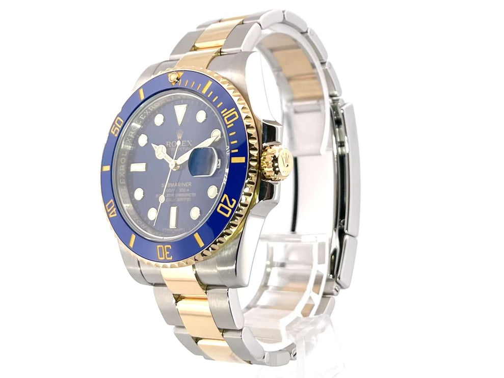 Rolex Submariner Date 116613LB Edelstahl Gelbgold Uhr mit blauer Keramik Lünette und Oyster Armband, Seitenansicht