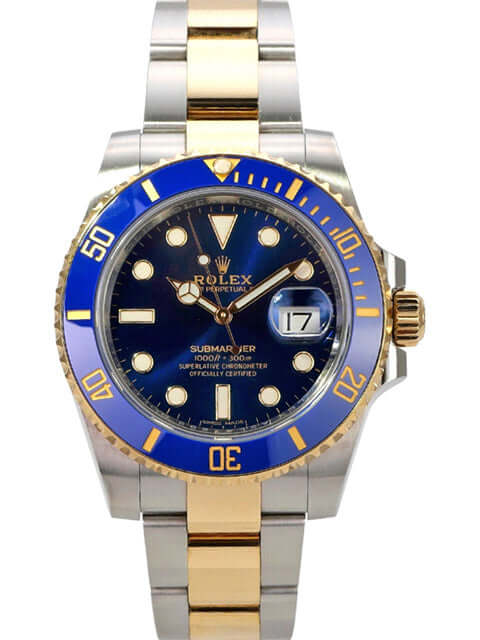 Rolex Submariner Date 116613LB Edelstahl Gelbgold mit blauer Keramik-Lünette und Edelstahl-Gehäuse.