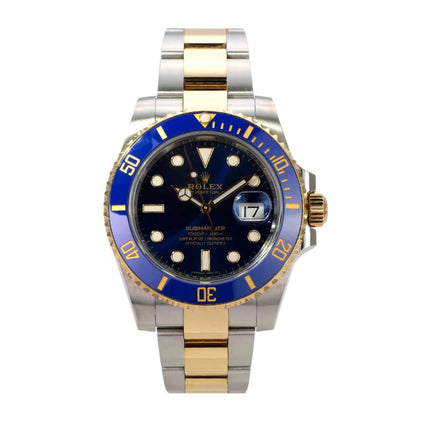 Rolex Submariner Date 116613LB Edelstahl Gelbgold mit blauem Zifferblatt und drehbarer Lünette.