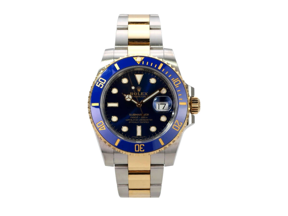 Rolex Submariner Date 116613LB Edelstahl Gelbgold mit blauem Zifferblatt und drehbarer Lünette.
