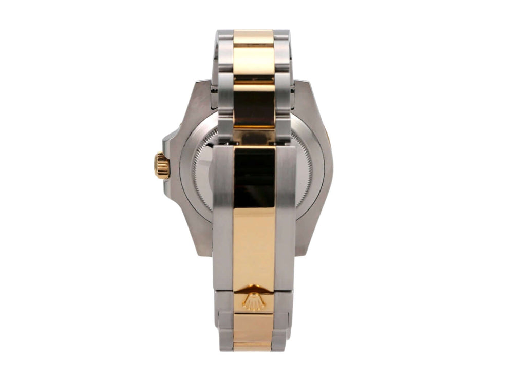 Rolex Submariner Date 116613LB Edelstahl Gelbgold Rückansicht des Armbands und Gehäuses mit Gelbgold-Elementen.