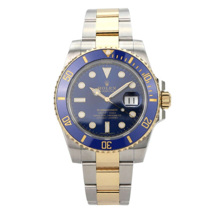 Rolex Submariner Date 116613LB Edelstahl Gelbgold, blaue Lünette und Zifferblatt, Luxusuhren-Detailansicht