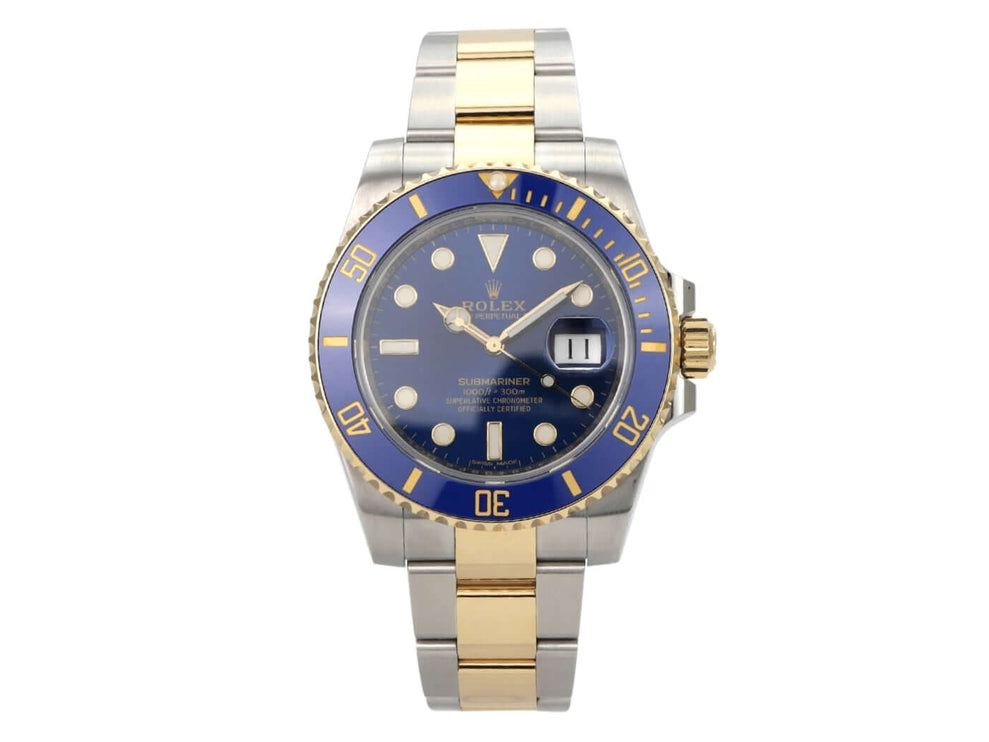 Rolex Submariner Date 116613LB Edelstahl Gelbgold, blaue Lünette und Zifferblatt, Luxusuhren-Detailansicht