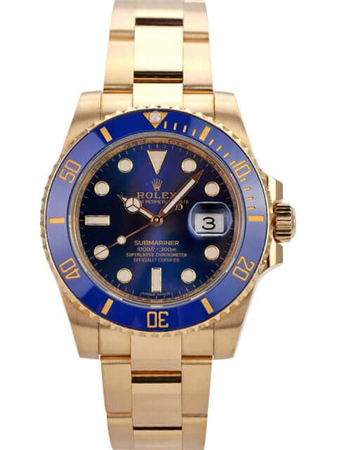 Rolex Submariner Date Gelbgold 116618LB mit blauem Zifferblatt und keramischer Lünette, 40 mm Gehäuse, 2016 Modell.