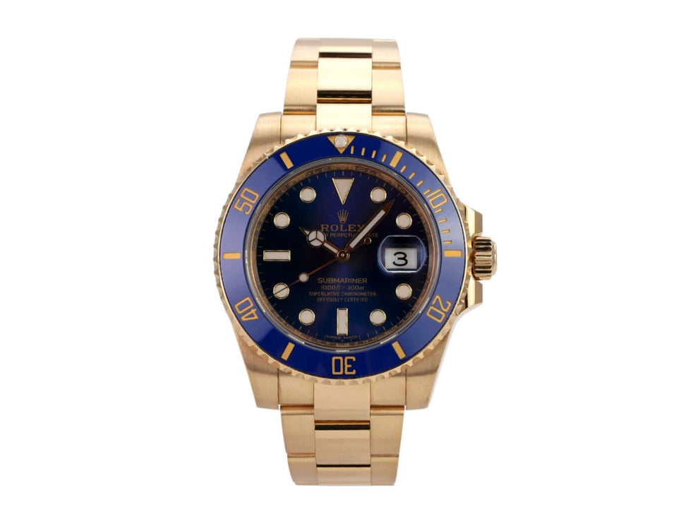 Rolex Submariner Date Gelbgold 116618LB mit blauem Zifferblatt und Keramikuhrenscheibe, 40 mm Gehäuse.