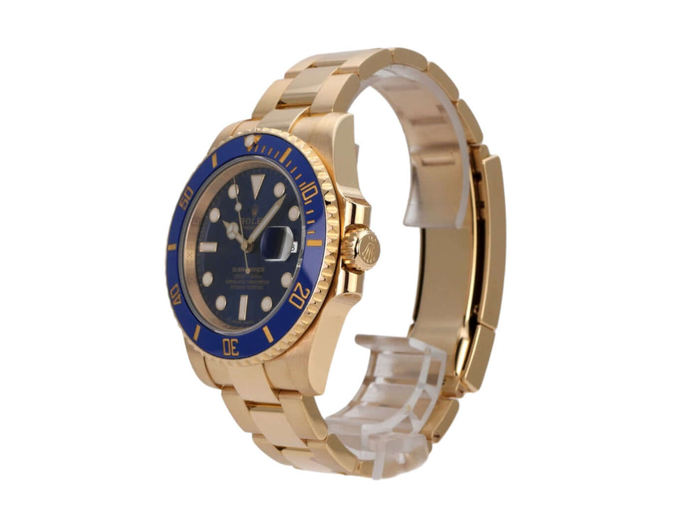 Rolex Submariner Date Gelbgold 116618LB: 18 kt Gelbgold Uhr mit blauem Zifferblatt und Keramik-Lünette.