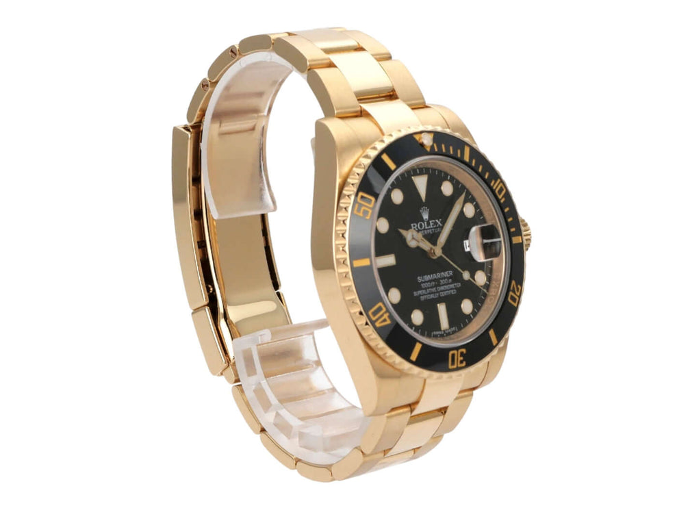 Rolex Submariner Date Gelbgold 116618LN mit schwarzem Zifferblatt und 18 Karat Gelbgold Armband.