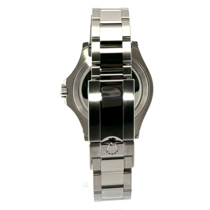Rückseite des Rolex Yacht-Master 40 Edelstahl Platin 116622 mit poliertem und satiniertem Oyster Edelstahl Armband.