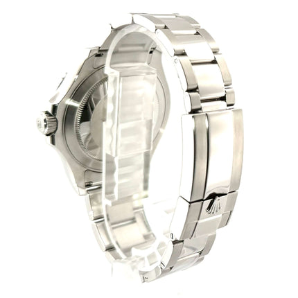 Rückseite des Rolex Yacht-Master 116622 Edelstahl/Platin Uhrgehäuses und Armbands mit Sicherheitsfaltschließe.