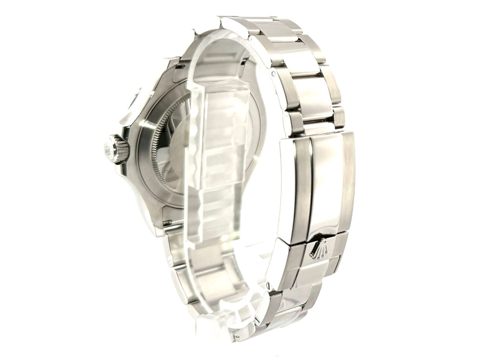 Rückseite des Rolex Yacht-Master 116622 Edelstahl/Platin Uhrgehäuses und Armbands mit Sicherheitsfaltschließe.