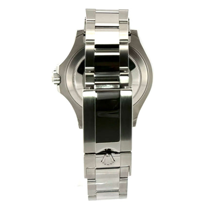 Rückseite der Rolex Yacht-Master 116622 aus Edelstahl und Platin mit Oyster-Armband und Sicherheitsfaltschließe.