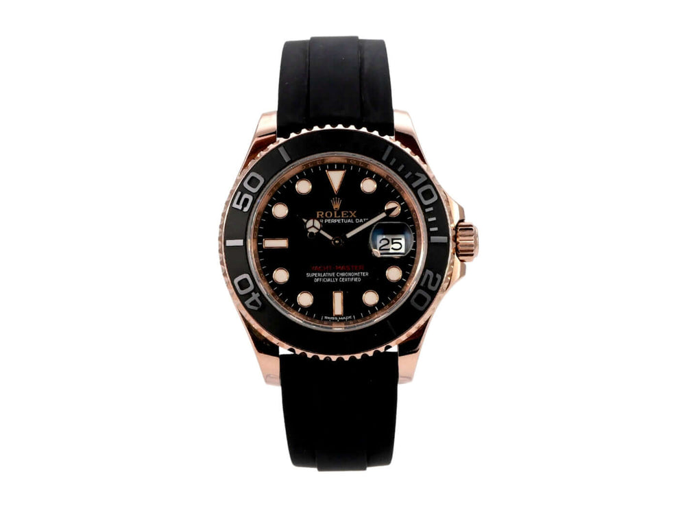 Rolex Yacht-Master 116655 Everose-Gold mit schwarzem Zifferblatt und Oyster-Kautschukband.
