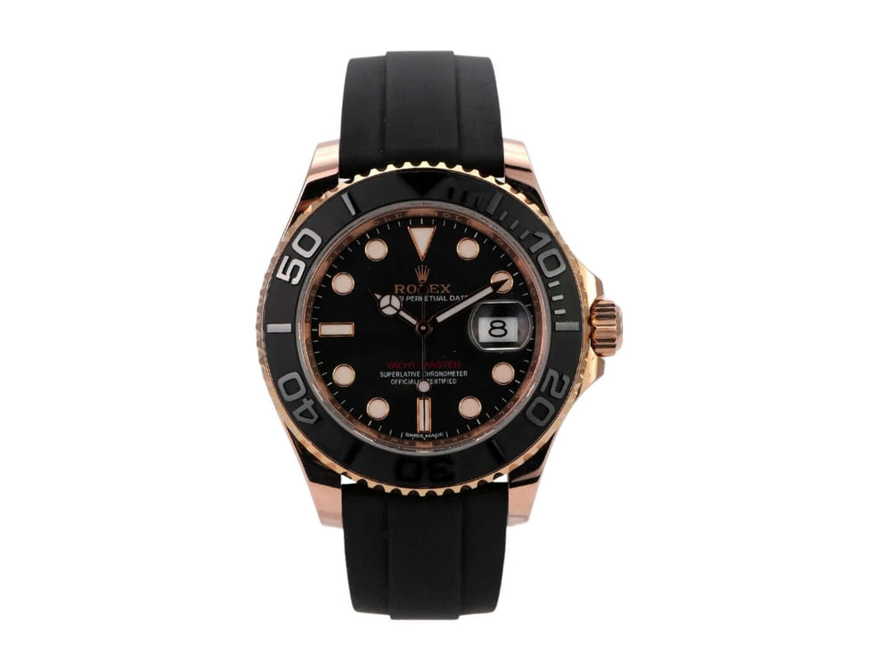 Rolex Yacht-Master 116655 Everose-Gold, schwarze Zifferblatt-Luxusuhr mit Oyster-Kautschukband und Datumsanzeige