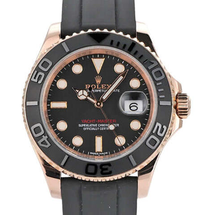 Rolex Yacht-Master 116655 Everose-Gold, schwarzes Zifferblatt, Kautschukband, drehbare Lünette, 2019 Modell.