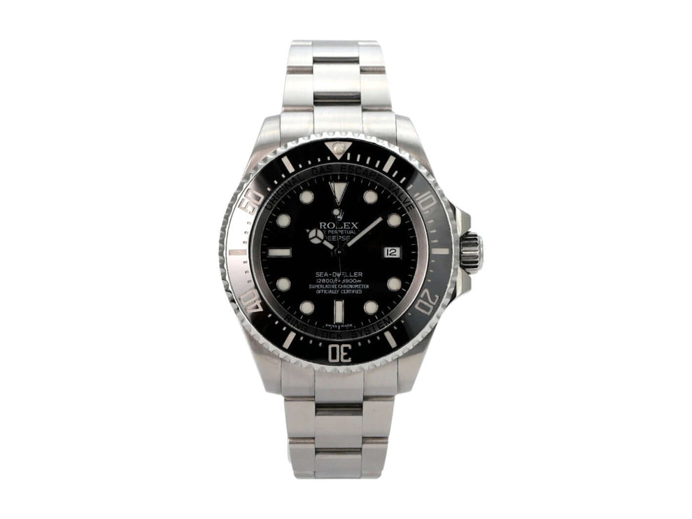 Rolex Sea-Dweller Deepsea 116660 mit schwarzem Zifferblatt und Edelstahlarmband, 44 mm Gehäuse.
