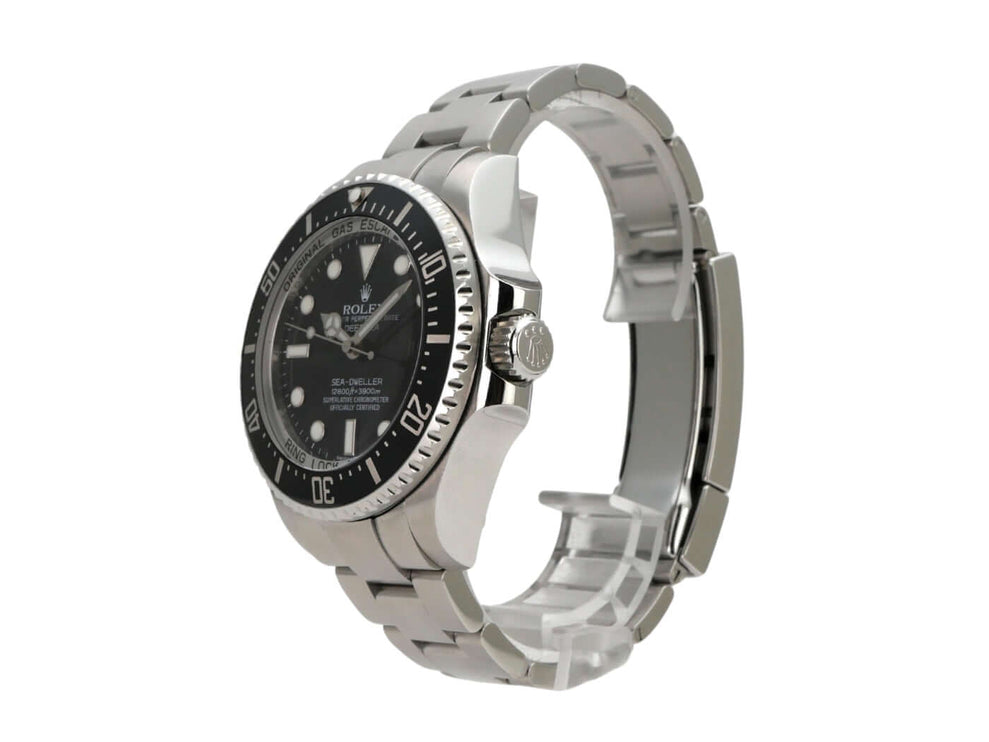 Rolex Sea-Dweller Deepsea 116660 seitliche Ansicht mit Edelstahl Gehäuse und schwarzem Zifferblatt.
