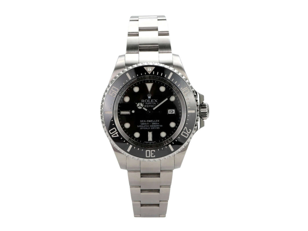 Rolex Sea-Dweller Deepsea 116660 aus Edelstahl mit schwarzem Zifferblatt, drehbarer Lünette und Oyster Armband.