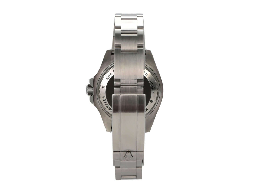 Rolex Sea-Dweller Deepsea 116660, seitliche Ansicht mit Edelstahlarmband und poliertem Gehäuse.