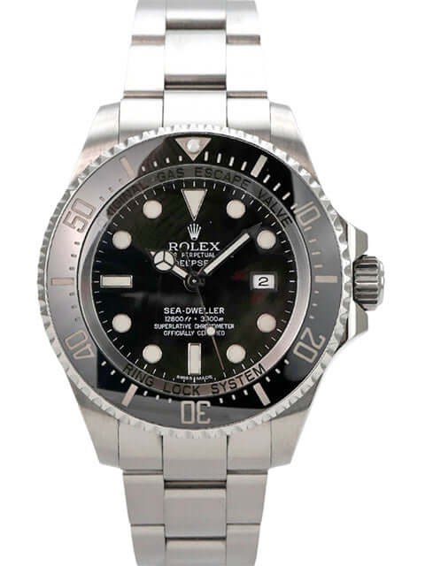 Rolex Sea-Dweller Deepsea 116660 mit schwarzem Zifferblatt und Edelstahlarmband, 44 mm Durchmesser.