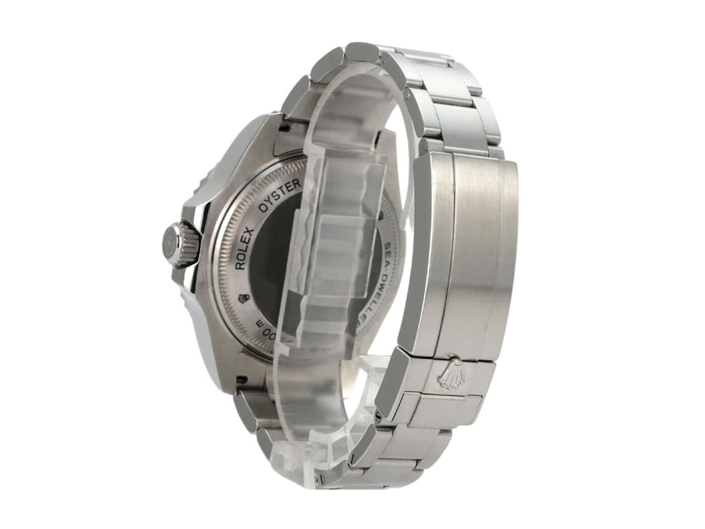 Rolex Sea-Dweller Deepsea 116660 seitliche Ansicht mit Gehäuse und Armband aus Edelstahl.