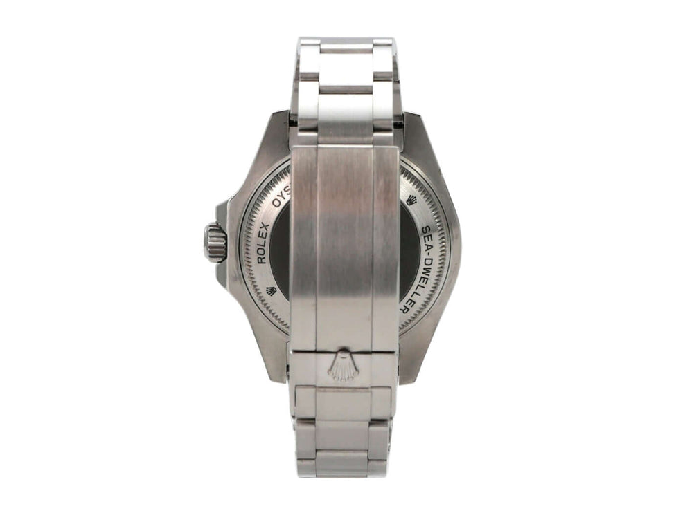 Rolex Sea-Dweller Deepsea 116660 Rückansicht mit Edelstahlarmband und Gehäuse.