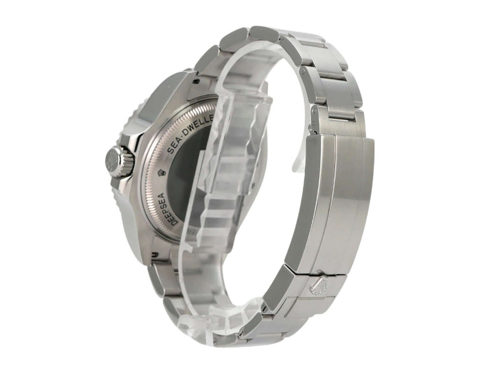 Rolex Sea-Dweller Deepsea 116660 seitliche Ansicht des Edelstahlgehäuses und Armbands.