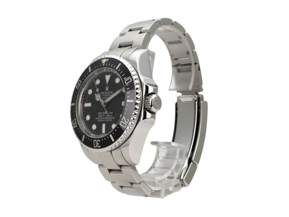 Rolex Sea-Dweller Deepsea 116660 Uhr aus Edelstahl mit schwarzem Zifferblatt und Taucherbezel.