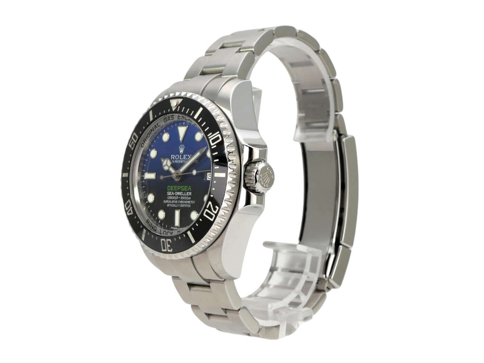Rolex Sea-Dweller Deepsea 116660 mit Edelstahlgehäuse und schwarzem Zifferblatt, seitliche Ansicht.
