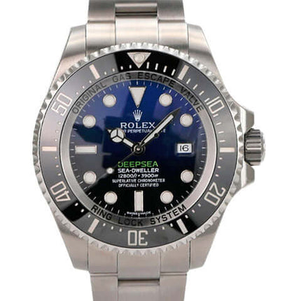 Rolex Sea-Dweller Deepsea 116660 D-Blue Stickers Edelstahl Uhr mit blauem Zifferblatt und Sicherheitsfaltschließe.