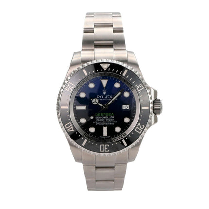 Rolex Sea-Dweller Deepsea 116660 D-Blue Stickers mit Edelstahlarmband und schwarzer Keramikeinlage.