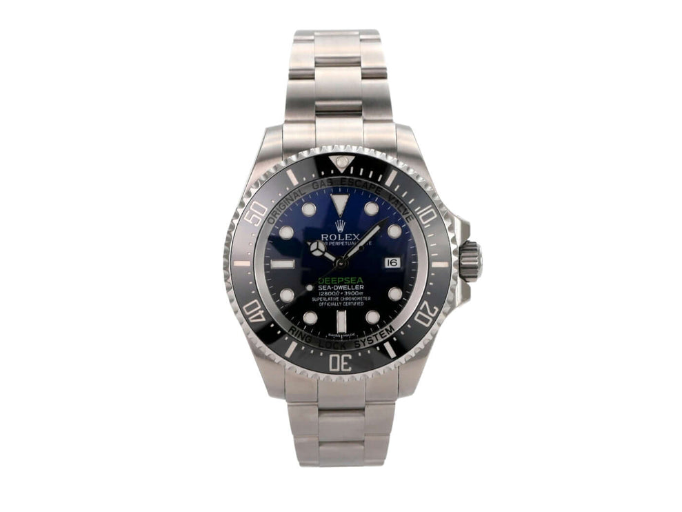 Rolex Sea-Dweller Deepsea 116660 D-Blue Stickers mit Edelstahlarmband und schwarzer Keramikeinlage.