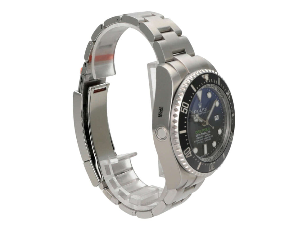 Rolex Sea-Dweller Deepsea 116660 D-Blue Stickers mit Edelstahlarmband und blauem Zifferblatt seitlich Ansicht