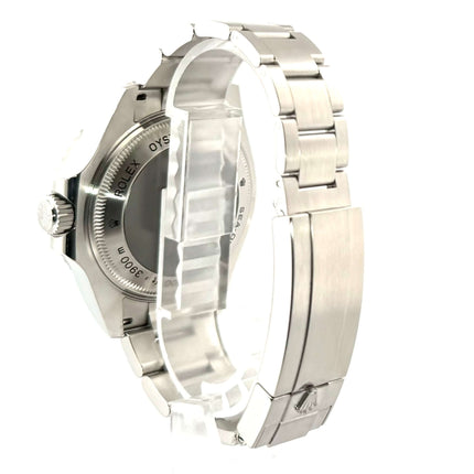 Rückansicht der Rolex Sea-Dweller Deepsea 116660 D-Blue, Edelstahlgehäuse und Armband, Heliumventil sichtbar.