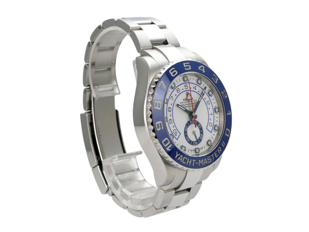 Rolex Yacht-Master II Edelstahl 116680 mit Edelstahlband und blauer Keramikuhr von der Seite.