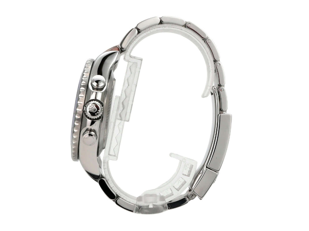 Rolex Yacht-Master II Edelstahl 116680 Profilansicht des Edelstahlgehäuses und Armbands.