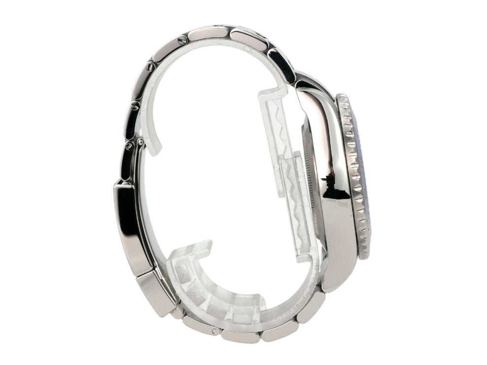 Rolex Yacht-Master II Edelstahl 116680 seitlich, Edelstahlgehäuse und poliertes Armband.