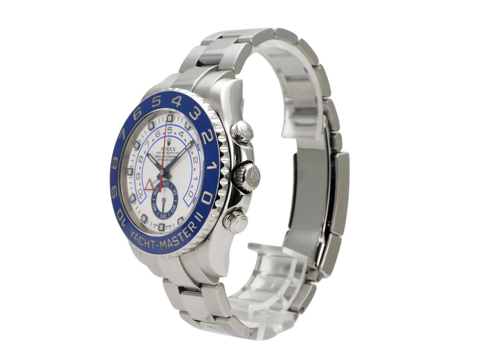 Rolex Yacht-Master II Edelstahl 116680 mit blauem Keramiklünetten, weißem Zifferblatt und Oysterband