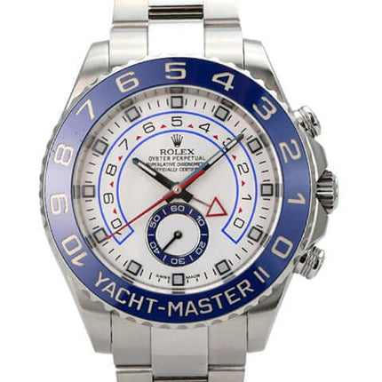 Rolex Yacht-Master II Edelstahl 116680 mit blauer Lünette und weißem Zifferblatt, automatisches Uhrwerk.
