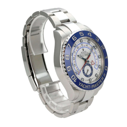 Rolex Yacht-Master II Edelstahl 116680 mit blauer Lünette und weißem Zifferblatt, Edelstahlarmband.