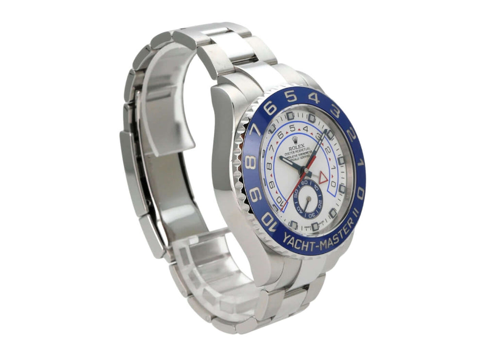 Rolex Yacht-Master II Edelstahl 116680 mit blauer Lünette und weißem Zifferblatt, Edelstahlarmband.