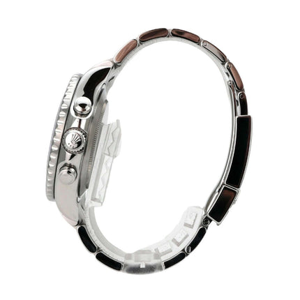 Rolex Yacht-Master II Edelstahl 116680 seitliche Ansicht der Uhr mit polierter und satinierter Edelstahlarmband.