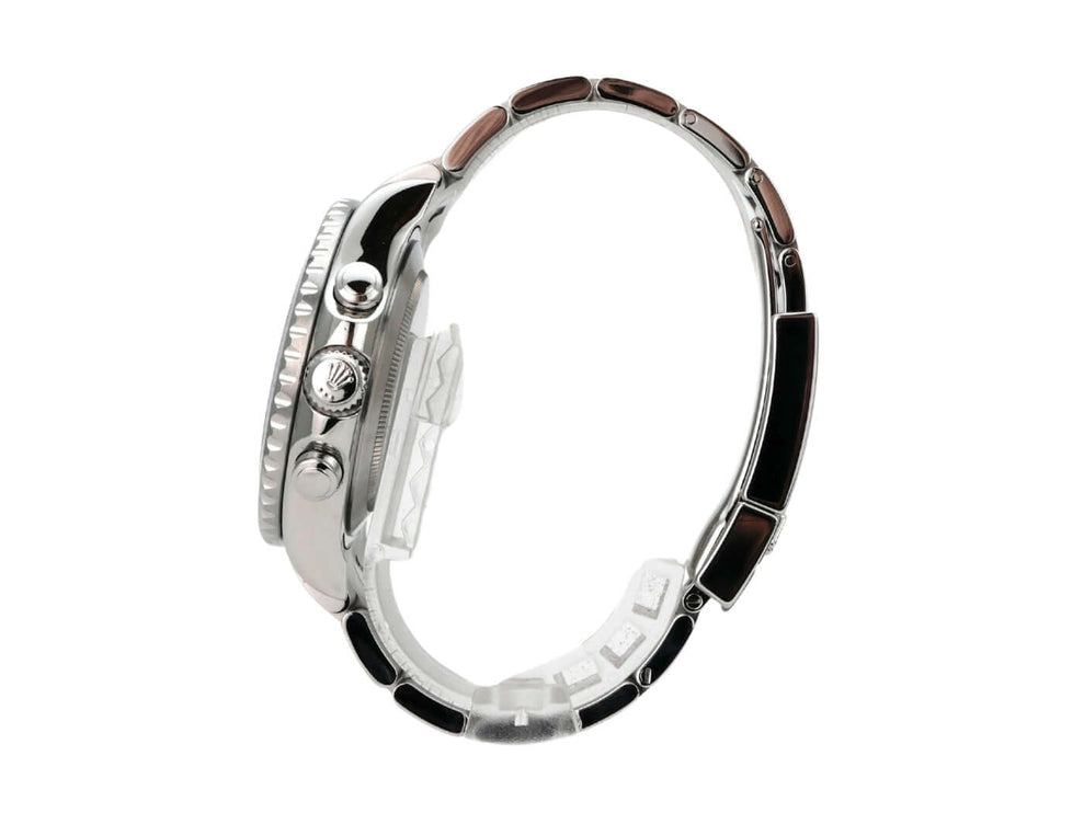 Rolex Yacht-Master II Edelstahl 116680 seitliche Ansicht der Uhr mit polierter und satinierter Edelstahlarmband.