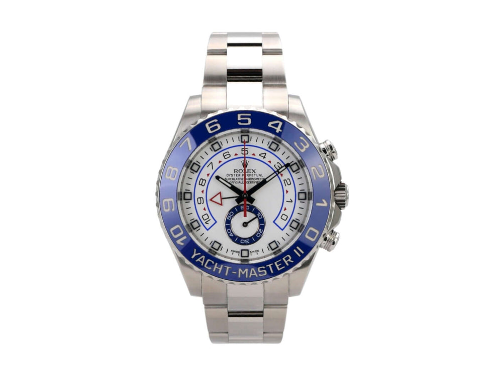 Rolex Yacht-Master II 116680 Edelstahl, Uhr mit blauem Zifferblatt, Edelstahlband und drehbarer Lünette.